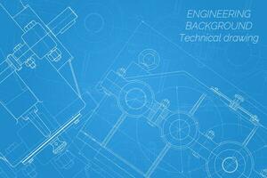 Mechanical engineering drawings on blue background. Reducer. Technical Design. Cover. Blueprint. Vector illustration.