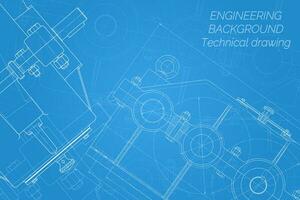 Mechanical engineering drawings on blue background. Reducer. Technical Design. Cover. Blueprint. Vector illustration.