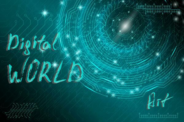 Blue futuristic technological background in cyberpunk style. Digital art. The inscription is painted by hand with brush. Lettering for design of postcards, poster, banner. Vector illustration.