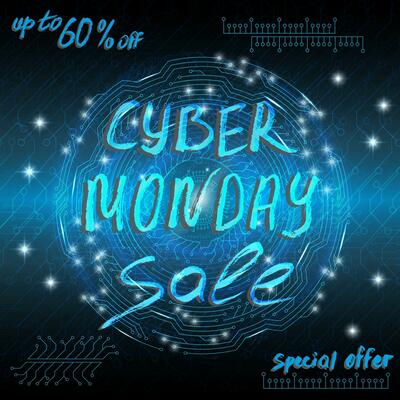Blue futuristic technological background in cyberpunk style. Cyber monday. The inscription is painted by hand with brush. Lettering for design of postcards, calendar, poster, banner.