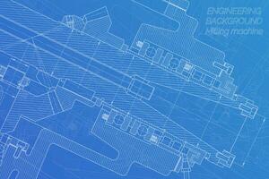 Mechanical engineering drawings on blue background. Milling machine spindle. Technical Design. Cover. Blueprint. Vector illustration.