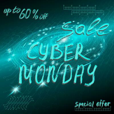 Blue futuristic technological background in cyberpunk style. Cyber monday. The inscription is painted by hand with brush. Lettering for design of postcards, calendar, poster, banner.