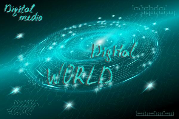 Blue futuristic technological background in cyberpunk style. Digital art. The inscription is painted by hand with brush. Lettering for design of postcards, poster, banner. Vector illustration.