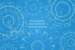 Mechanical engineering drawings on blue background. Cutting tools, milling cutter. Technical Design. Cover. Blueprint. Vector illustration.