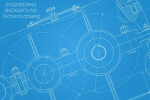 Mechanical engineering drawings on blue background. Reducer. Technical Design. Cover. Blueprint. Vector illustration.