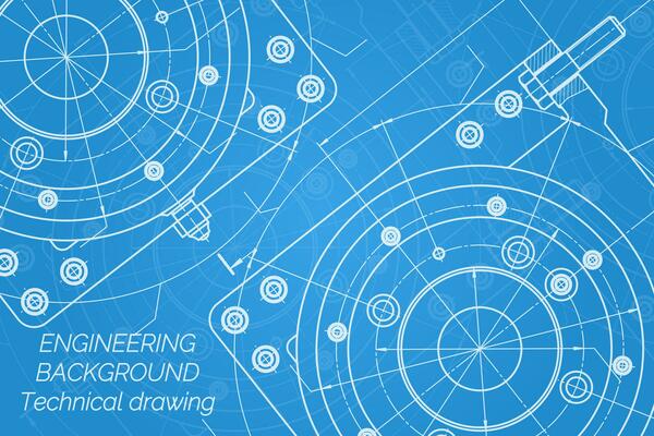 Mechanical engineering drawings on blue background. Milling machine spindle. Technical Design. Cover. Blueprint.