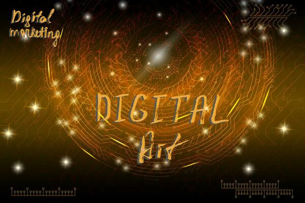 Orange futuristic technological background in cyberpunk style. Digital art. The inscription is painted by hand with brush. Lettering for design of postcards, poster, banner. Vector illustration.