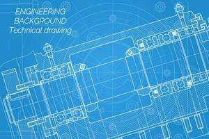 Mechanical engineering drawings on blue background. Milling machine spindle. Technical Design. Cover. Blueprint. vector