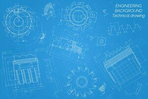 Mechanical engineering drawings on blue background. Cutting tools, milling cutter. Technical Design. Cover. Blueprint. Vector illustration.