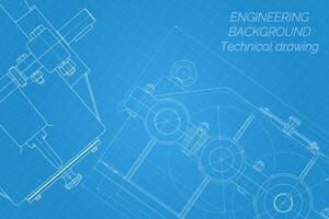 Mechanical engineering drawings on blue background. Reducer. Technical Design. Cover. Blueprint. Vector illustration.