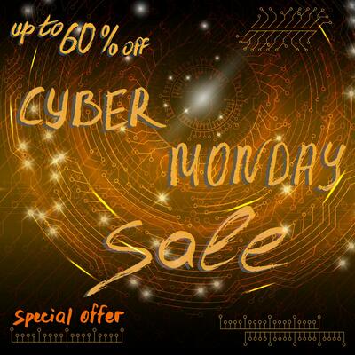 Orange futuristic technological background in cyberpunk style. Cyber monday. The inscription is painted by hand with brush. Lettering for design of postcards, calendar, poster, banner.