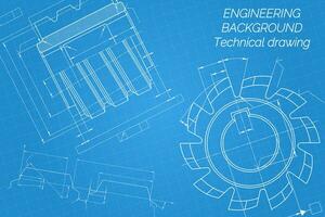 Mechanical engineering drawings on blue background. Cutting tools, milling cutter. Technical Design. Cover. Blueprint. Vector illustration.