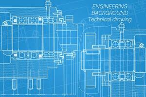 Mechanical engineering drawings on blue background. Milling machine spindle. Technical Design. Cover. Blueprint. vector
