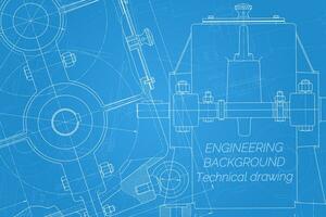 Mechanical engineering drawings on blue background. Reducer. Technical Design. Cover. Blueprint. Vector illustration.