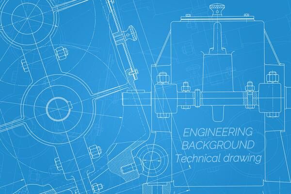 Mechanical engineering drawings on blue background. Reducer. Technical Design. Cover. Blueprint. Vector illustration.