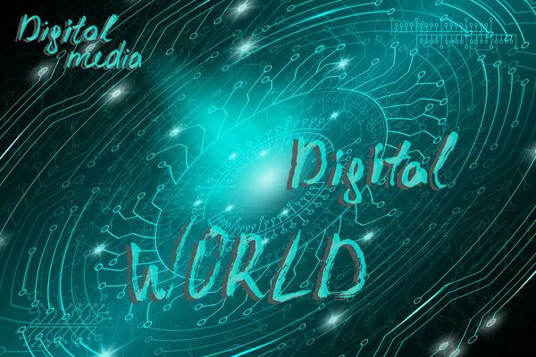Blue futuristic technological background in cyberpunk style. Digital art. The inscription is painted by hand with brush. Lettering for design of postcards, poster, banner. Vector illustration.