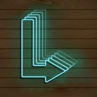 Neon blue arrow on a wooden wall. Vector Illustration.