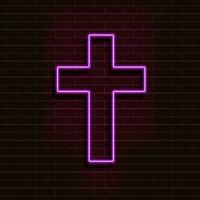 Neon purple christian cross on a brick wall. Decorative realistic retro element for web design. Vector Illustration.