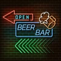Beer bar neon light banner on a brick wall. Blue and orange sign. Decorative realistic retro element for web design vector