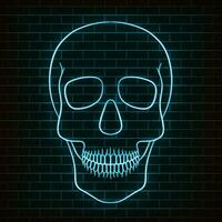 Traditional sugar skull. Element of design for the day of the dead. Neon light on a brick background. vector