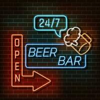 Beer bar neon light banner on a brick wall. Blue and orange sign. Decorative realistic retro element for web design vector