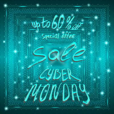 Blue futuristic technological background in cyberpunk style. Cyber monday. The inscription is painted by hand with brush. Lettering for design of postcards, calendar, poster, banner.