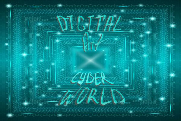 Blue futuristic technological background in cyberpunk style. Digital art. The inscription is painted by hand with brush. Lettering for design of postcards, poster, banner. Vector illustration.