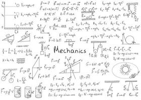 Physics formulas drawn by hand on a white chalkboard for the background. Vector illustration.