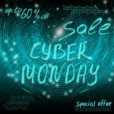 Blue futuristic technological background in cyberpunk style. Cyber monday. The inscription is painted by hand with brush. Lettering for design of postcards, calendar, poster, banner.