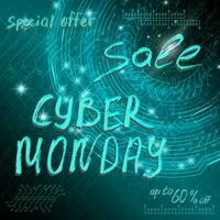 Blue futuristic technological background in cyberpunk style. Cyber monday. The inscription is painted by hand with brush. Lettering for design of postcards, calendar, poster, banner. vector