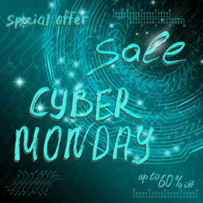 Blue futuristic technological background in cyberpunk style. Cyber monday. The inscription is painted by hand with brush. Lettering for design of postcards, calendar, poster, banner.