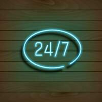 Frame banner in the shape of an ellipse. Open 24 7 Hours neon light on a wooden wall.Vector Illustration. vector