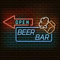 Beer bar neon light banner on a brick wall. Blue and orange sign. Decorative realistic retro element for web design vector