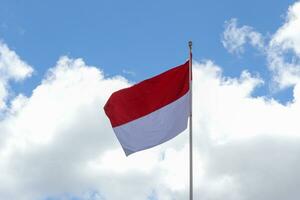 17 August 1945, Indonesian flag against sky background. Independence day concept photo