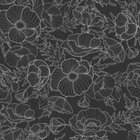 Flowers seamless pattern. White outline poppies on dark background. Floral print for textile, wallpapers, fabric and wrapping paper vector