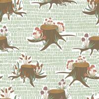 Seamless pattern with tree stump, mushrooms and grass. Autumn woodland design vector