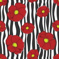 Flowers seamless pattern. Red poppies on striped black and white background. Floral print for textile, wallpapers, fabric and wrapping paper. vector