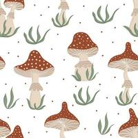 sin costura modelo con amanita. otoño diseño con hongos. acción de gracias y cosecha concepto. moderno impresión para tela, textiles, envase papel vector