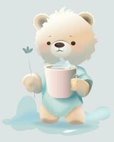 Cute little cartoon bear drinking a mug of hot drink vector