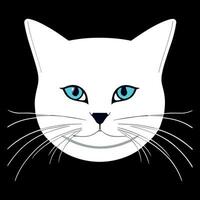 A vector illustration of a white cat face on a dark background. The cat has blue eyes and black nose. The cat looks curious and alert, as if it is watching something intently.