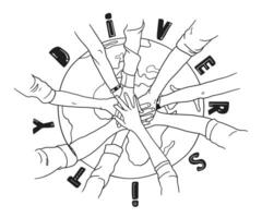 Group of hands on top of each other, diverse multiethnic joined hands, vector line art