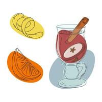 Mulled wine with cinnamon stick, apple and orange slice, lemon zest and colorful spot in trendy hues vector