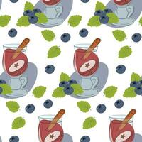 Seamless pattern of blueberries and glass of mulled wine with cinnamon stick, apple slice and leaves vector