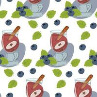 Seamless pattern of blueberries and glass of mulled wine with cinnamon stick, apple slice and leaves vector