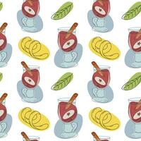 Seamless pattern of Mulled wine with cinnamon stick, apple slice, lemon zest, green leaves and spots vector