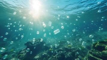 Generative AI, Plastic carrier bags, bottles and other garbage pollution in ocean. Environment concept photo