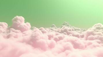 Generative AI, Pink and green fantastic 3d clouds on the floor, sky and landscape. Gentle colors and with bright lights. photo
