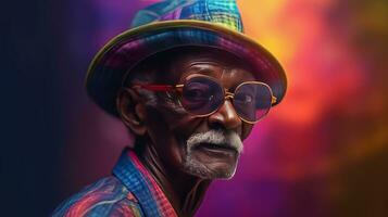 Generative AI, African American funny happy old retirement man closeup portrait, wearing glasses and modern fashionable clothes photo