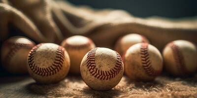 generativo ai, áspero y escabroso textura de antiguo béisbol pelotas cerca arriba en Clásico antecedentes foto