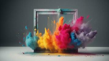 generativo ai, marco con vistoso holi polvo pintar explosión, creativo chapoteo, multicolor nube foto